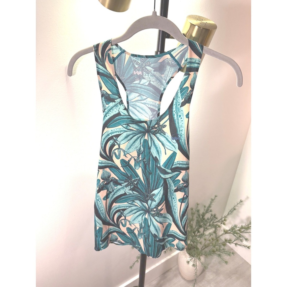 Janji Run Women Medium Racerback Tank Top Ultra Light Tropical Botanical Teal